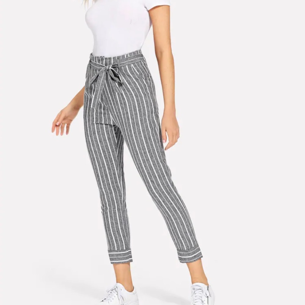 Striped self tie waist pants